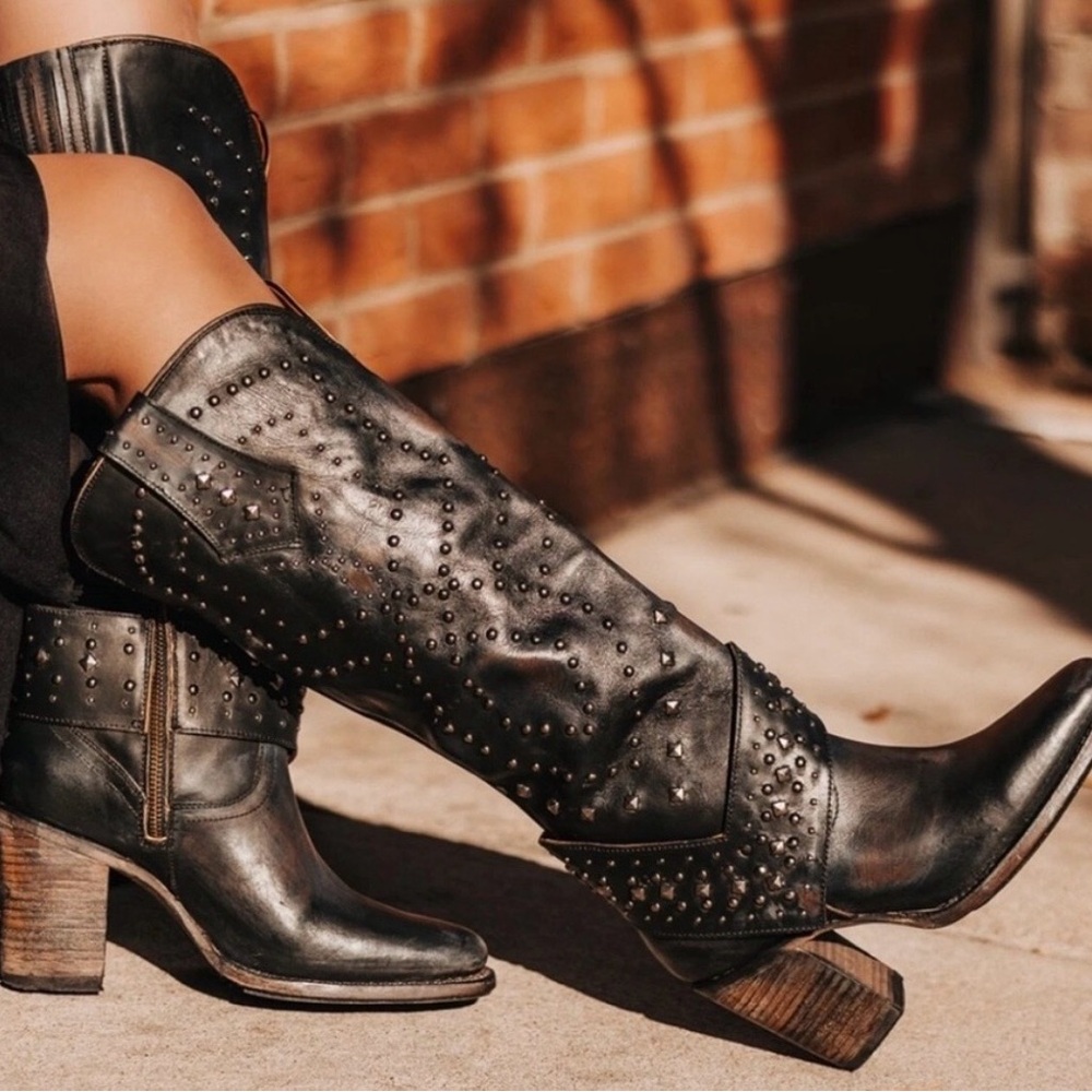 Freebird by Steven Tall Black Leather Silver Studded Boots Women’s 7